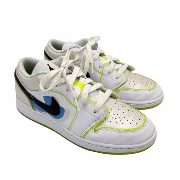 Nike Kids Youth Air Jordan 1 Low SE Warped Swoosh White Leather Neon Sneakers - Picture 5 of 7